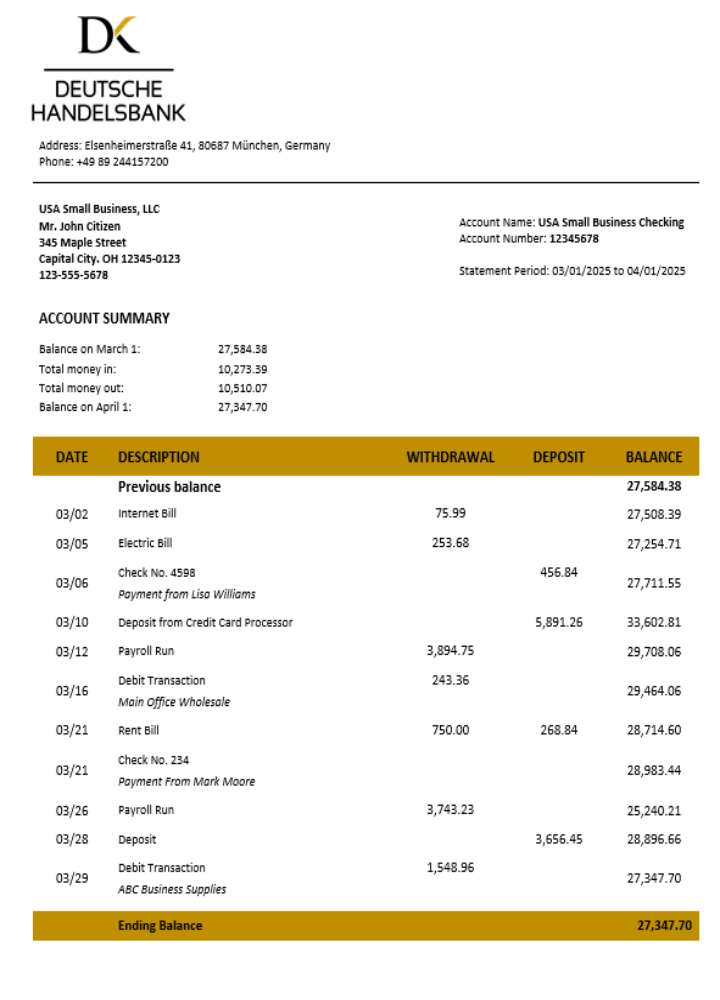 Download Deutsche Handelsbank firm account statement Word  and PDF format Photoshop template
